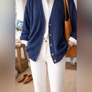 Vintage Jantzen Navy Cardigan Sweater USA Chunky Knit Grandpa Core Large